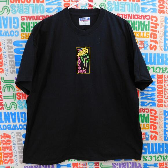 Embroidered The Neon Coconut T Shirt Size L Black Pink Yellow Retro - Picture 1 of 4